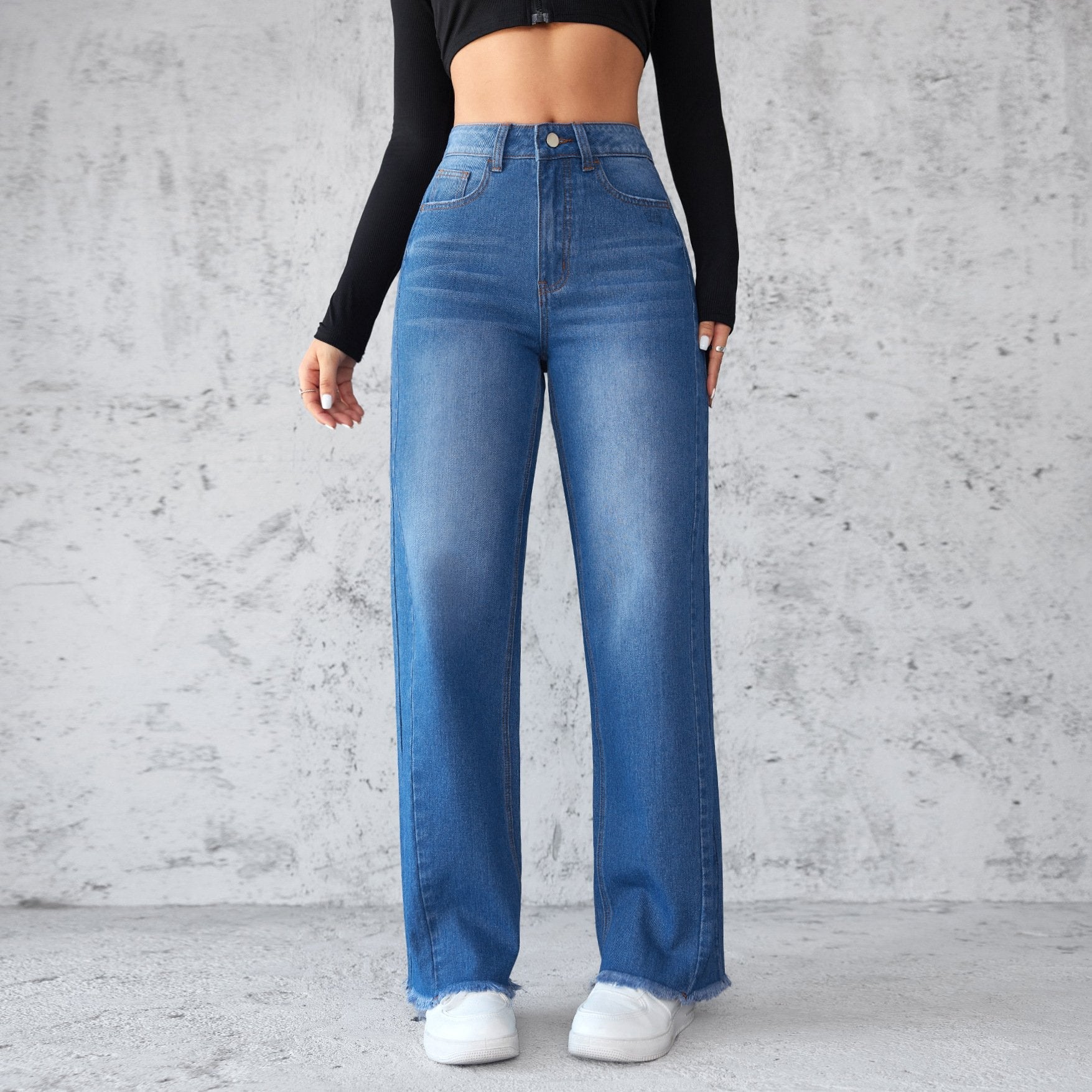 Jean droit jambes larges taille haute décontracté en denim pour femme