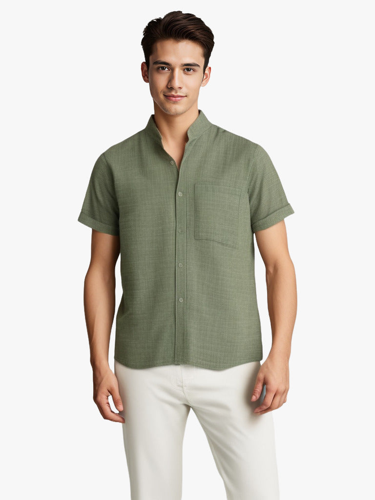 Chemise couleur unie manches courtes à revers en coton et lin été pour homme