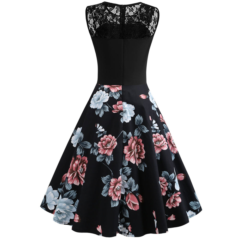 Women's Sleeveless Floral Retro Dress Lace Stitching Mid Length Cotton - LAKD London