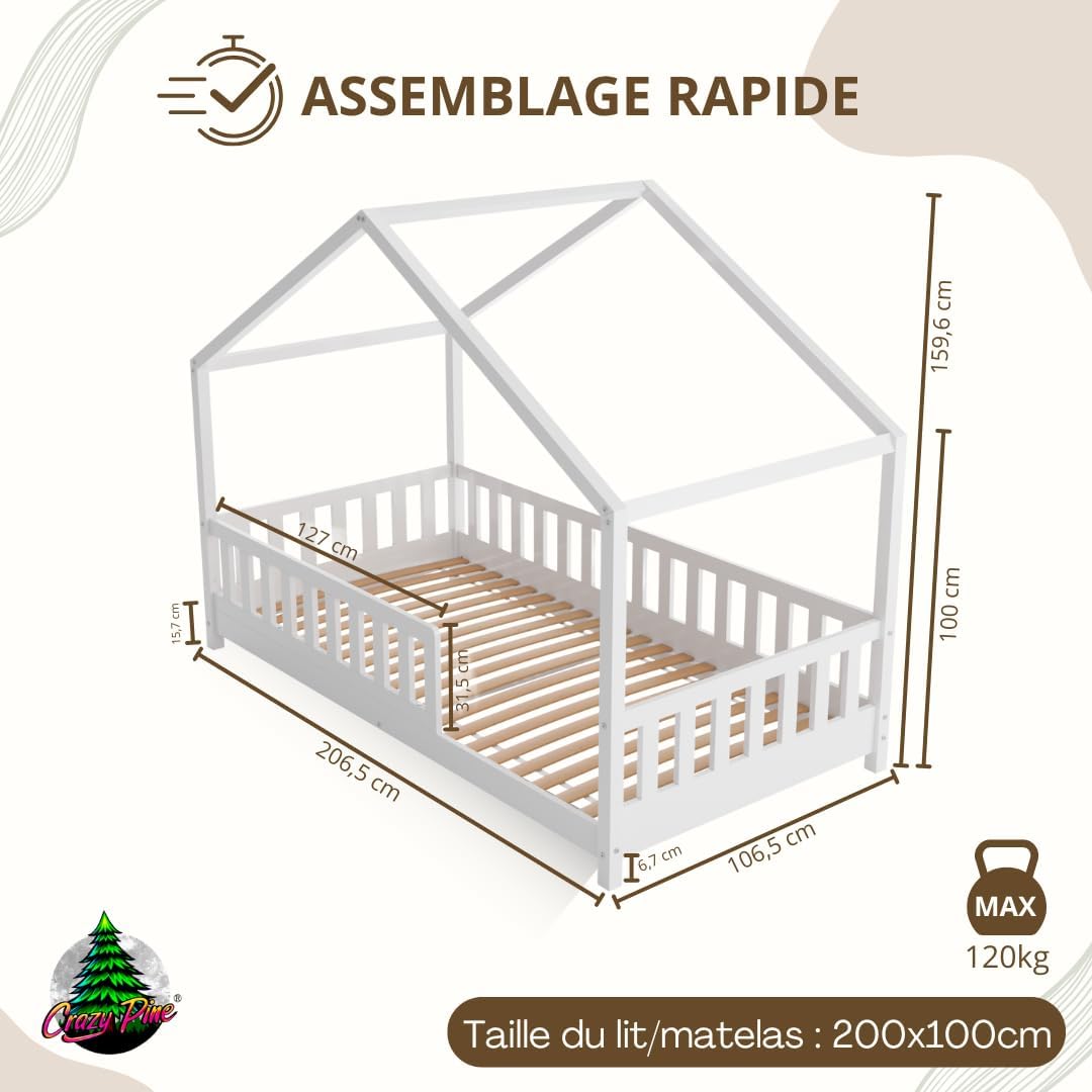 2026 Lit cabane Crazy Pine Crazy House avec tiroirs 190 x 90 cm &ndash; Lit enfant en bois naturel avec barri&egrave;re &ndash; Lit Montessori au sol avec rangement suppl&eacute;mentaire et barri&egrave;re amovible
