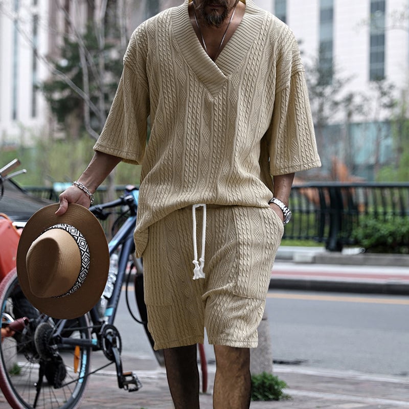 2026 Men's Casual Jacquard Summer Two-Piece V-Neck Shorts Set