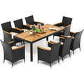 2026 Salon de Jardin en Rotin 9 Pièces Plateau de Table en Acacia Ensemble de Salle à Manger avec Coussins Amovibles Trou Charge 180KG Beige+Noir