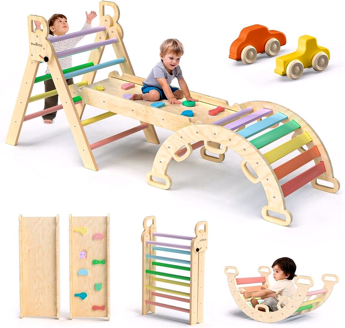 2026 Ensemble Triangle de Pikler 7-en-1 – Aire d’Escalade Montessori Pliable en Bois pour Enfants, avec Arche, Rampe & Échelle – Arc-en-ciel