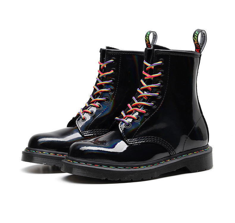 Women's High-top Glossy Martin Boots - Round Head Mirror Laser Military Boots - LAKD London