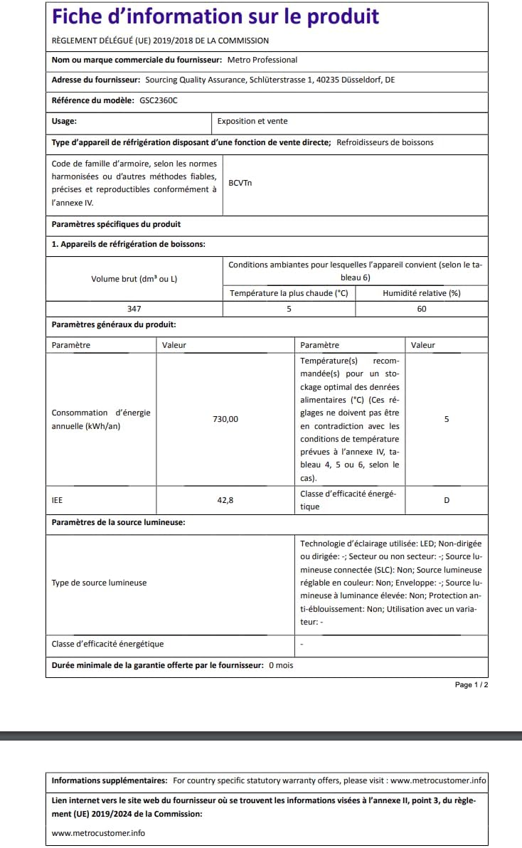 2026 METRO Professional Réfrigérateur à Boissons GSC2360B, Acier/Verre, 62 x 63.6 x 175.3 cm, 347 L, avec Serrure, Noir
