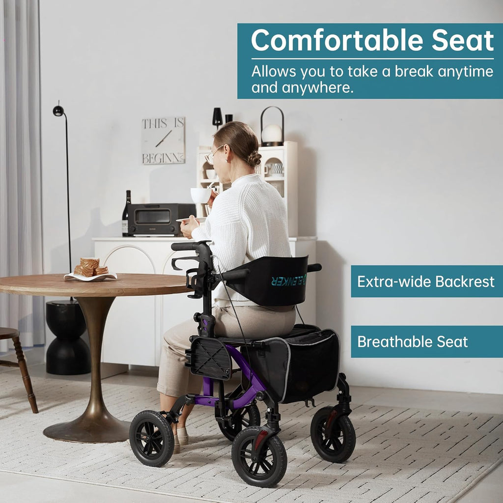 2026 Geländegängiger 2-in-1-Rollator und Transportstuhl, zusammenklappbarer Rollstuhl mit luftlosen 10-Zoll-Rädern für Senioren, umkehrbare Rückenlehne und abnehmbare Fußstützen, blau
