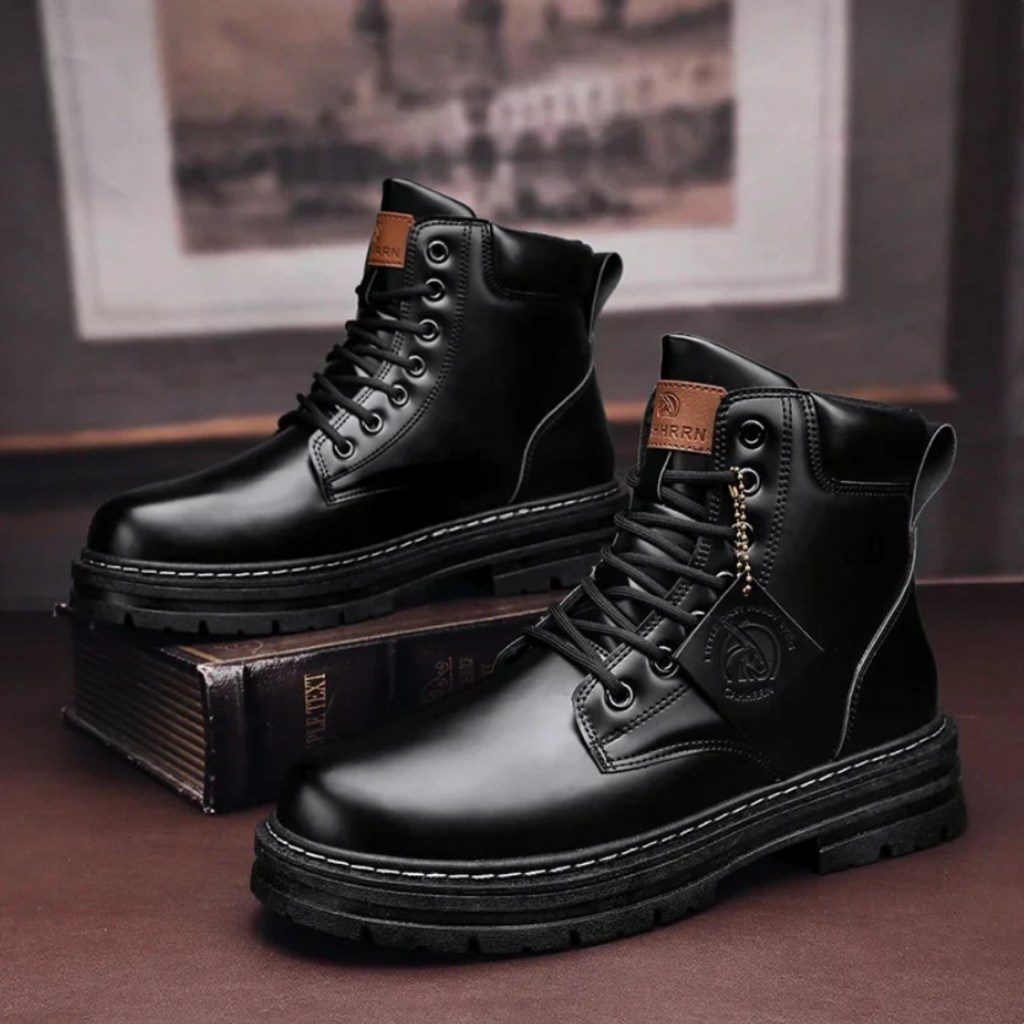 Men's waterproof leather hiking combat boots with rugged soles, designed for durability and outdoor adventure by LAKD.