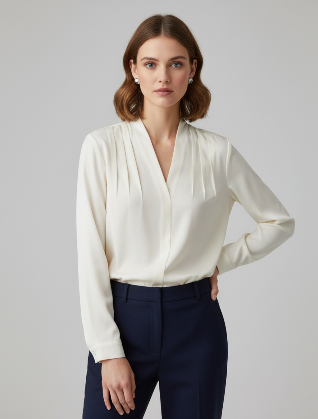 Chemisier tailleur col V manches bouffantes élégant workwear pour femme