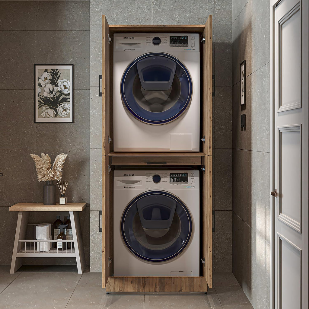 2026 ROOMART Dora Armoire de machine à laver, pour sèche-linge et machine à laver, en 4 couleurs, avec portes et planche coulissante (chêne anthracite)