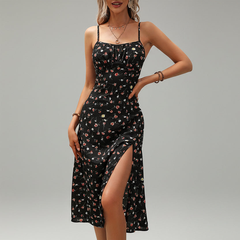 Robe à pois à bretelles fendu maxi élégant été pour femme