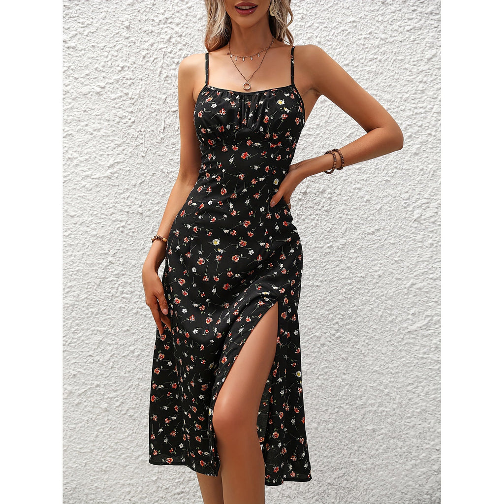 Robe à pois à bretelles fendu maxi élégant été pour femme