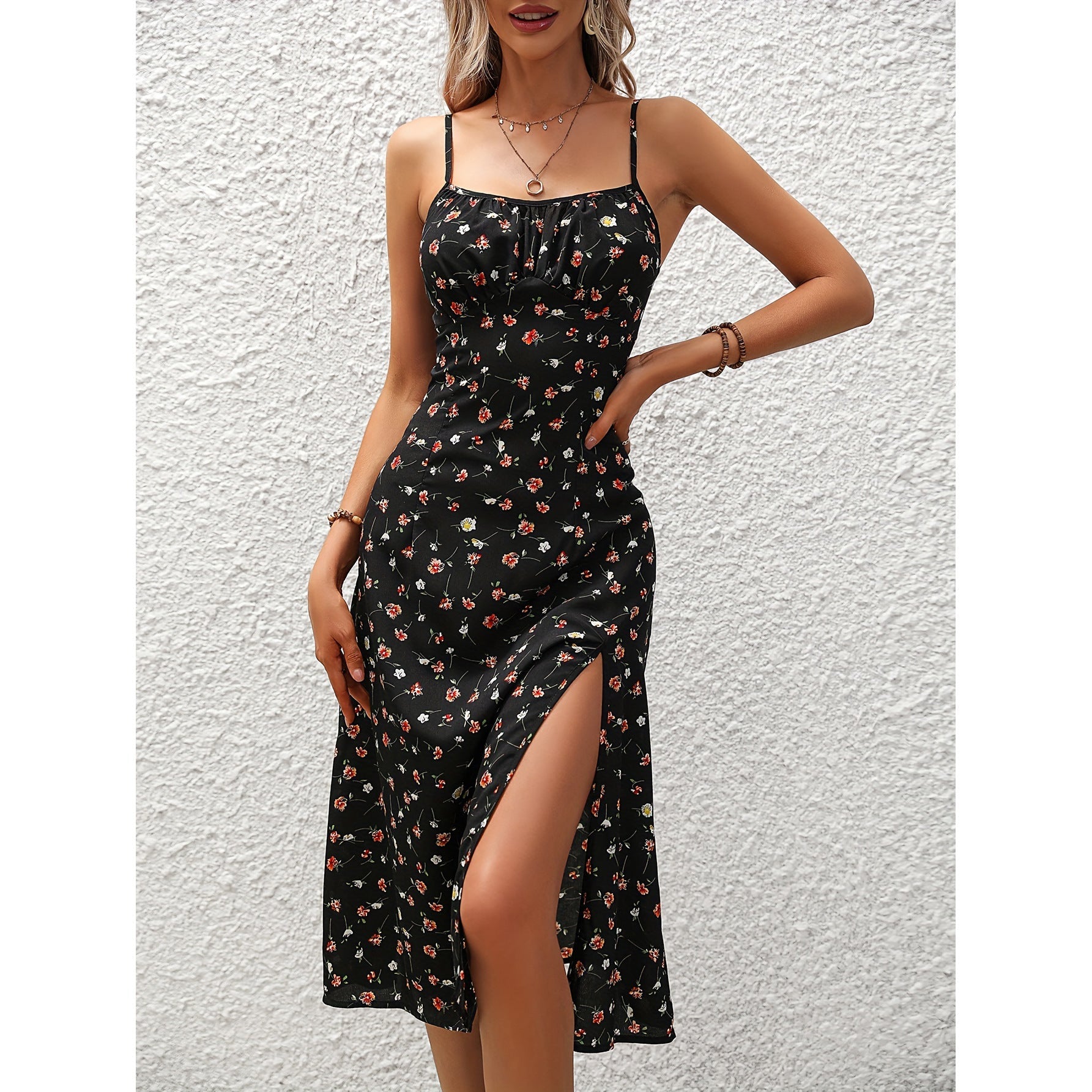 Robe à pois à bretelles fendu maxi élégant été pour femme