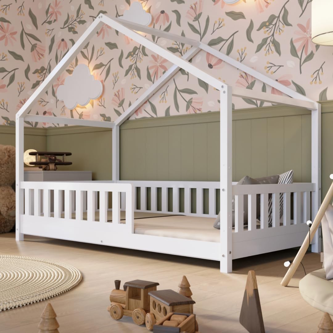 2026 Lit cabane Crazy Pine Crazy House avec tiroirs 190 x 90 cm &ndash; Lit enfant en bois naturel avec barri&egrave;re &ndash; Lit Montessori au sol avec rangement suppl&eacute;mentaire et barri&egrave;re amovible