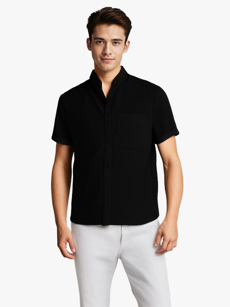 Chemise couleur unie manches courtes à revers en coton et lin été pour homme