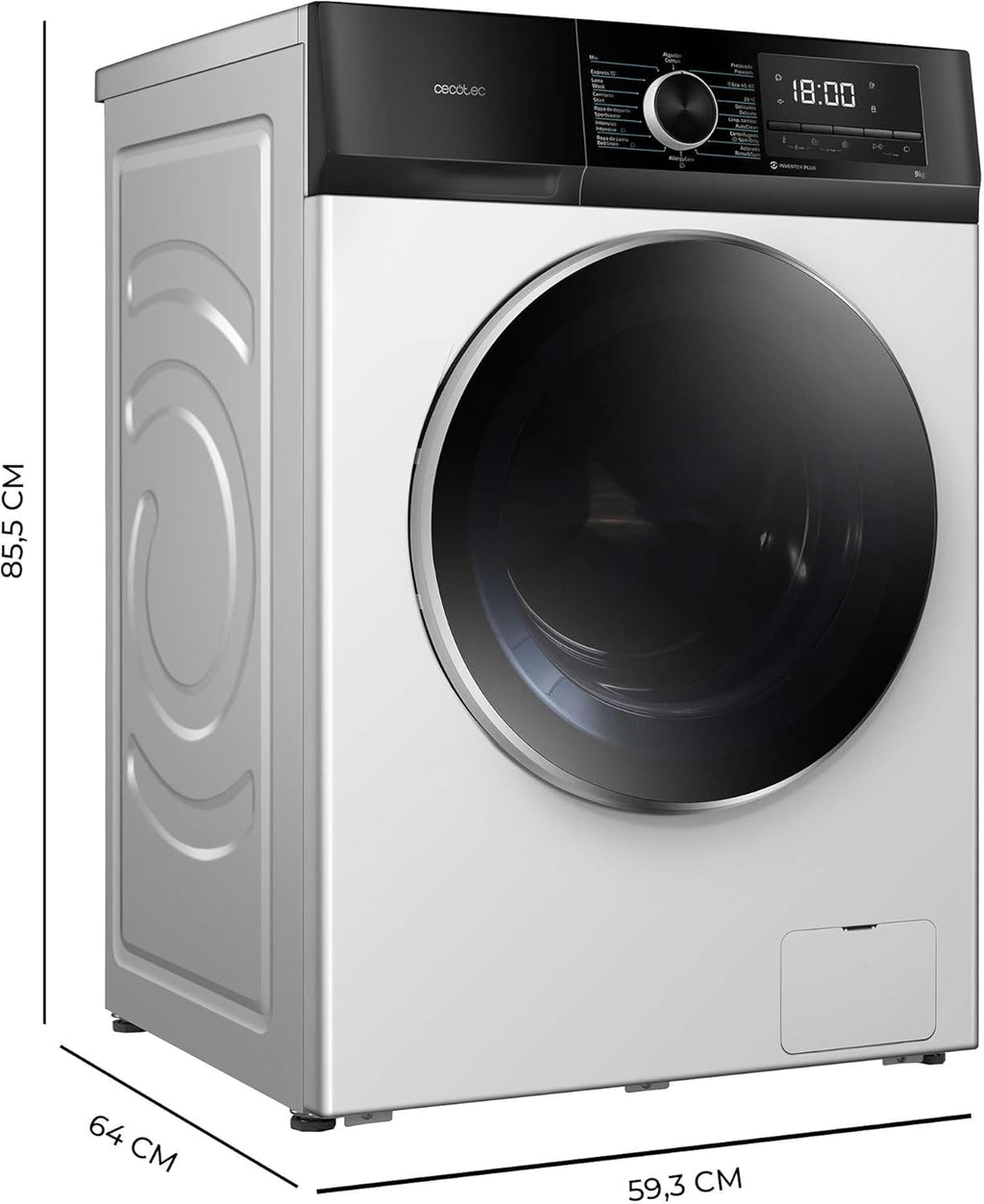 2026 Cecotec Bolero Dresscode 10500 Inverter Steel A. Lave-linge 10 kg Steel, 1400 tr/min, Moteur Inverter Plus, Vapeur, Classe A.