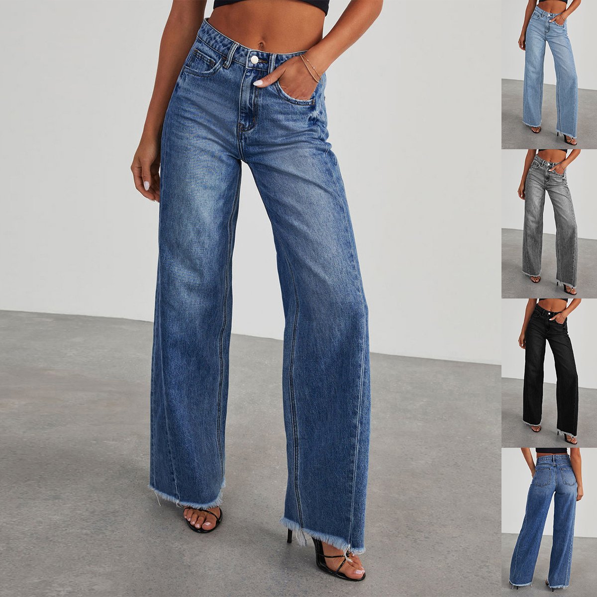 Jean taille haute jambes droites en denim confortable coupe ajustée pour femme