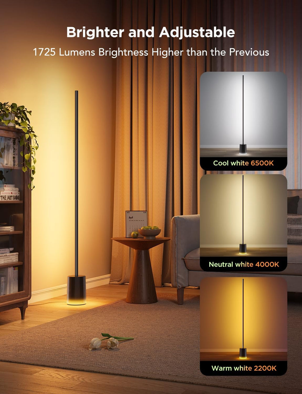 2026 2025 Lampadaire Govee 2 avec Matter, LED RGBIC, Blanc Chaud et Froid, Compatible Alexa, 1725 lm, Synchronisation Musique, Modes Scènes, Lampadaire Intelligent pour Salon et Chambre, Noir (1 Pièce)