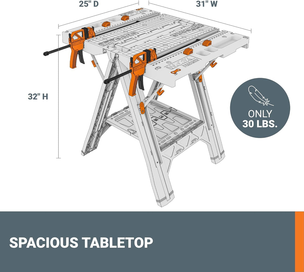 2026 2025 Table de Travail et Chevalet Pliant 2-en-1 Worx Pegasus, Banc de Travail Portable Facile à Installer, 31" L x 25" P x 32" H, Léger avec Haute Capacité de Charge, WX051 - Inclut 2 Serres et 4 Brides