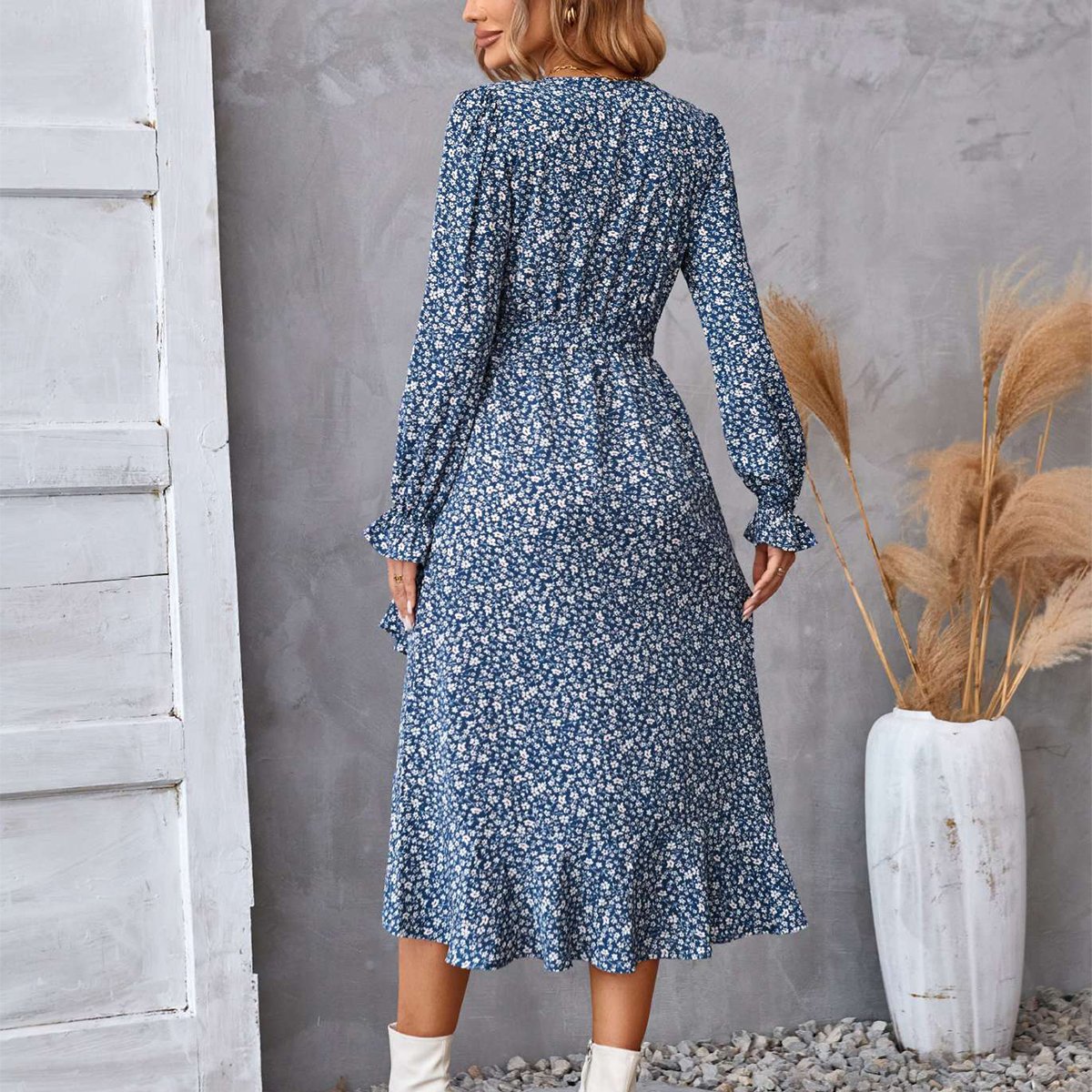 Robe fleuri imprimé manches longues à volants midi ville élégant pour femme