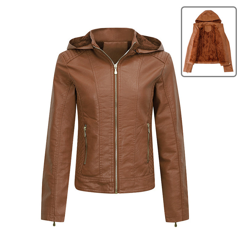 Veste peluche à capuche en cuir coupe ajustée hiver chaud pour femme
