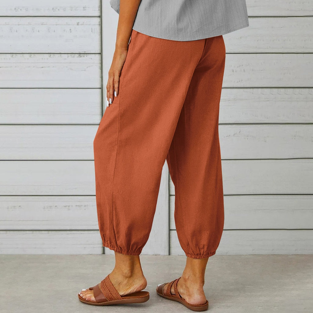 Pantalon à cordon à nouer en coton et lin poches décontracté pour femme