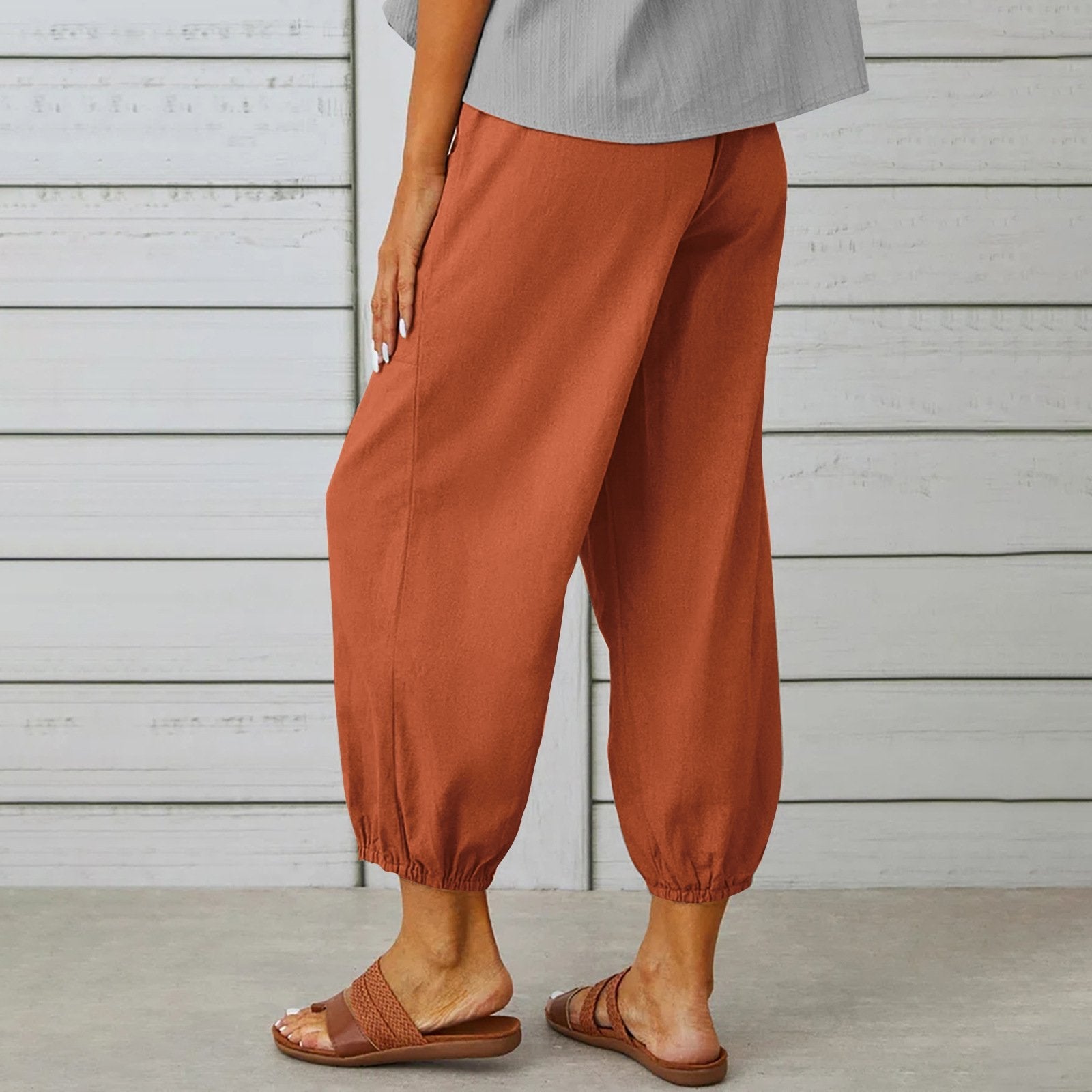 Pantalon à cordon à nouer en coton et lin poches décontracté pour femme