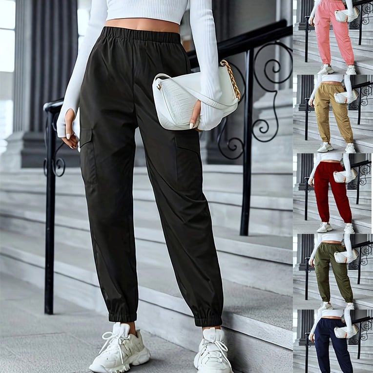 Pantalon décontracté cargo élastique waist coupe ajustée utility pour femme