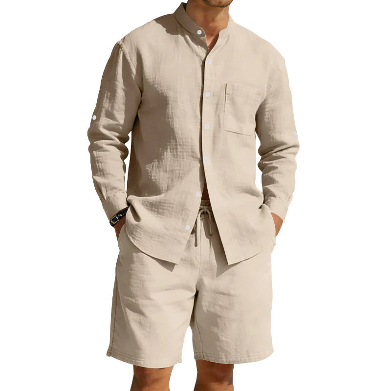 2026 Men's Casual Linen Shirt and Shorts Summer Two Piece Set