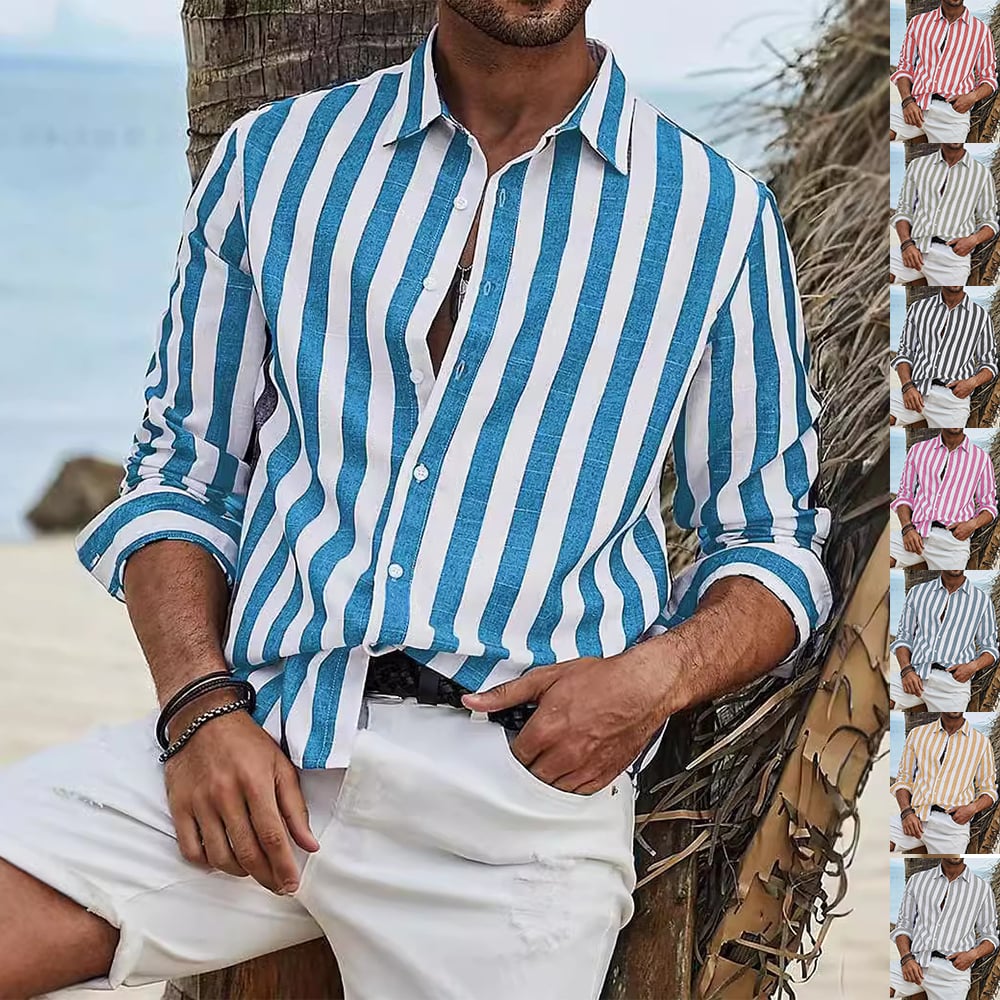 Chemise rayé manches longues en coton été décontracté respirant pour homme