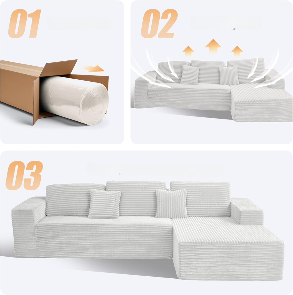 2026 Canapé d'angle 110" sans support, canapé d'angle Cloud Couch, canapé d'angle modulaire en velours côtelé en forme de L avec assise profonde, canapé rembourré pour salon, aucun assemblage requis