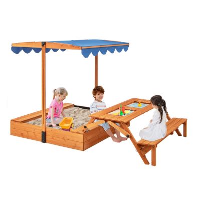 2026 Bac à Sable en Bois pour Enfants avec Couvercle Aire de Jeux avec Table Sensorielle Pliable & Banc Parasol Ajustable pour 3+ Ans Naturel