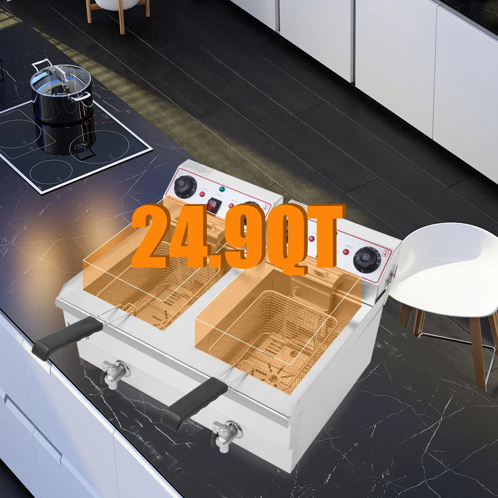 2026 24.9 QT 110V 3400W Double Tank Electric Deep Fryer with Timer & Oil Drain