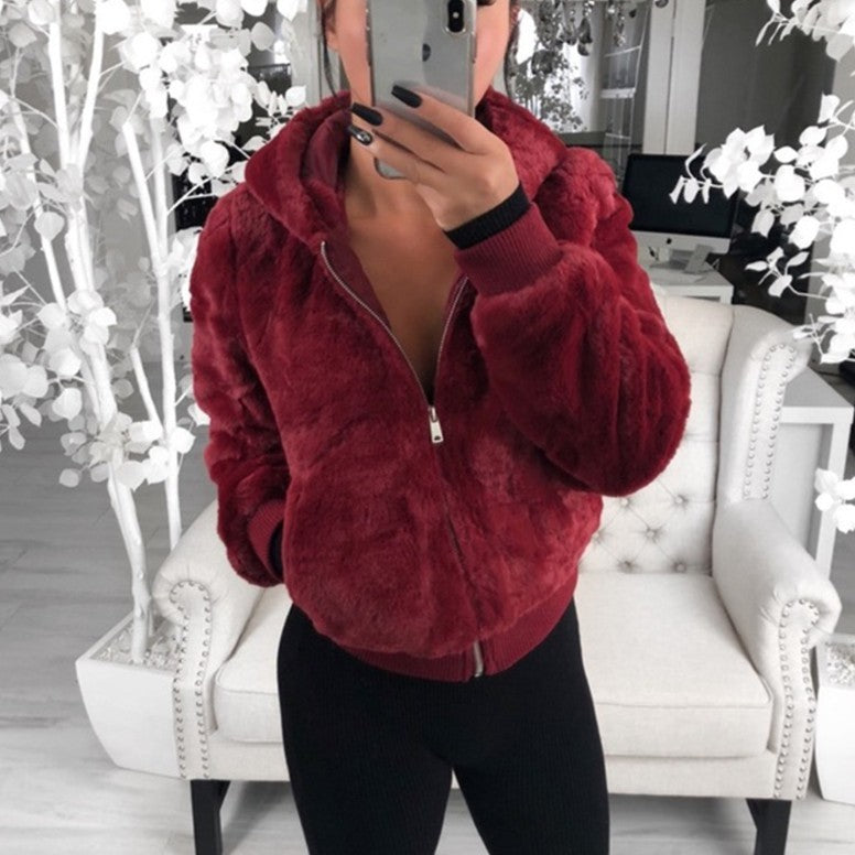 Women's Hooded Rabbit Faux Fur Plush Coat Bomber Jacket - LAKD London