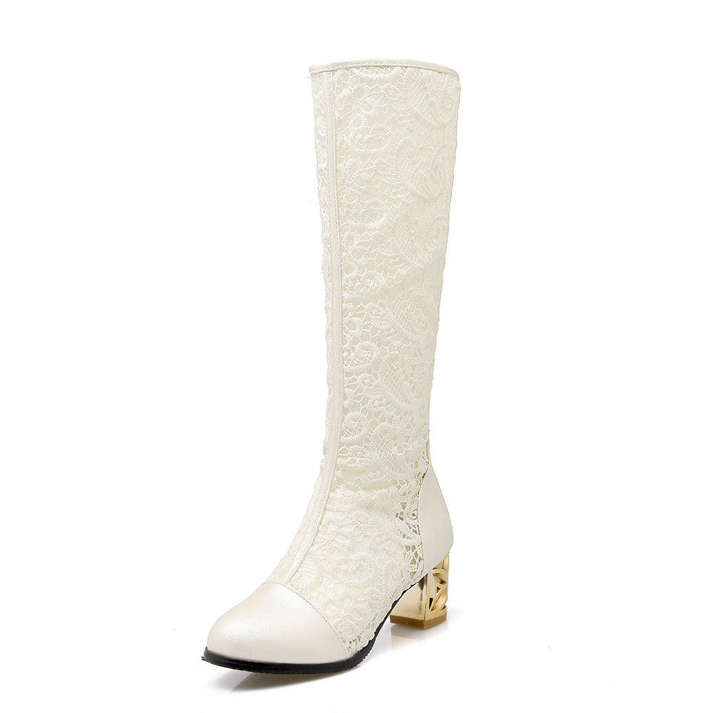 Women's Round Toe Stitching Lace Back Zip Chunky Heel Boots - LAKD London