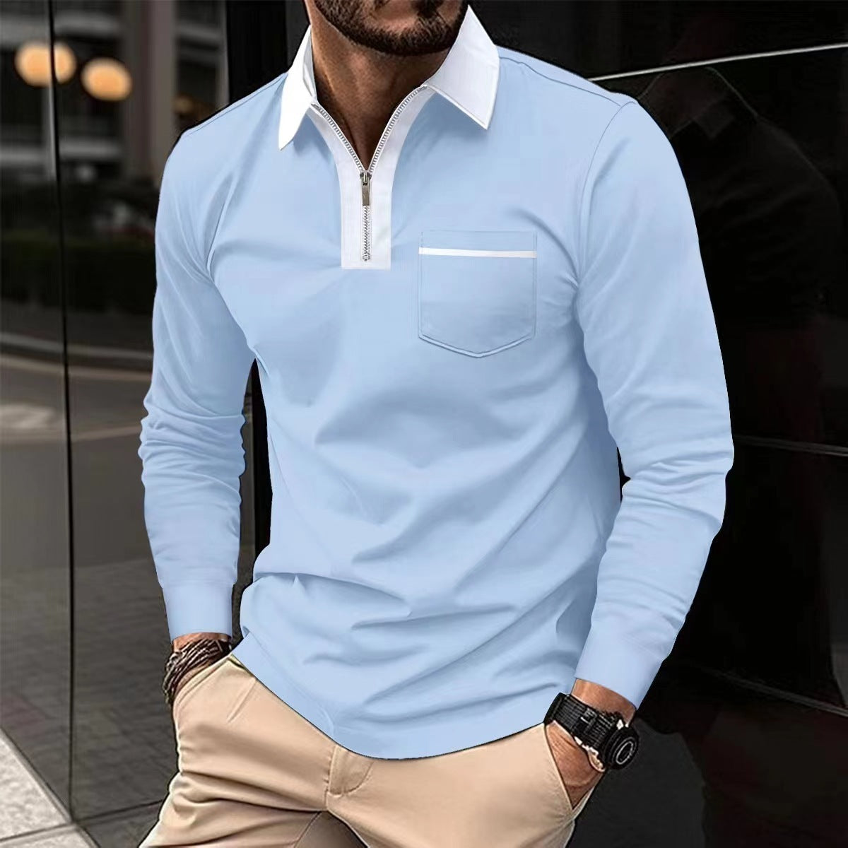 Men's Long Sleeve Zipper Polo Shirt Casual Lapel Henley Style - LAKD London
