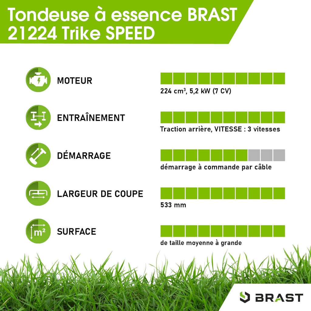 2026 BRAST tondeuse thermique 3 roues TRIKE E-START 224cc 53cm tractée démarrage électrique mulching 4en1 capot en tôle en acier 60l - moteur 4 temps de la marque française GT reglable