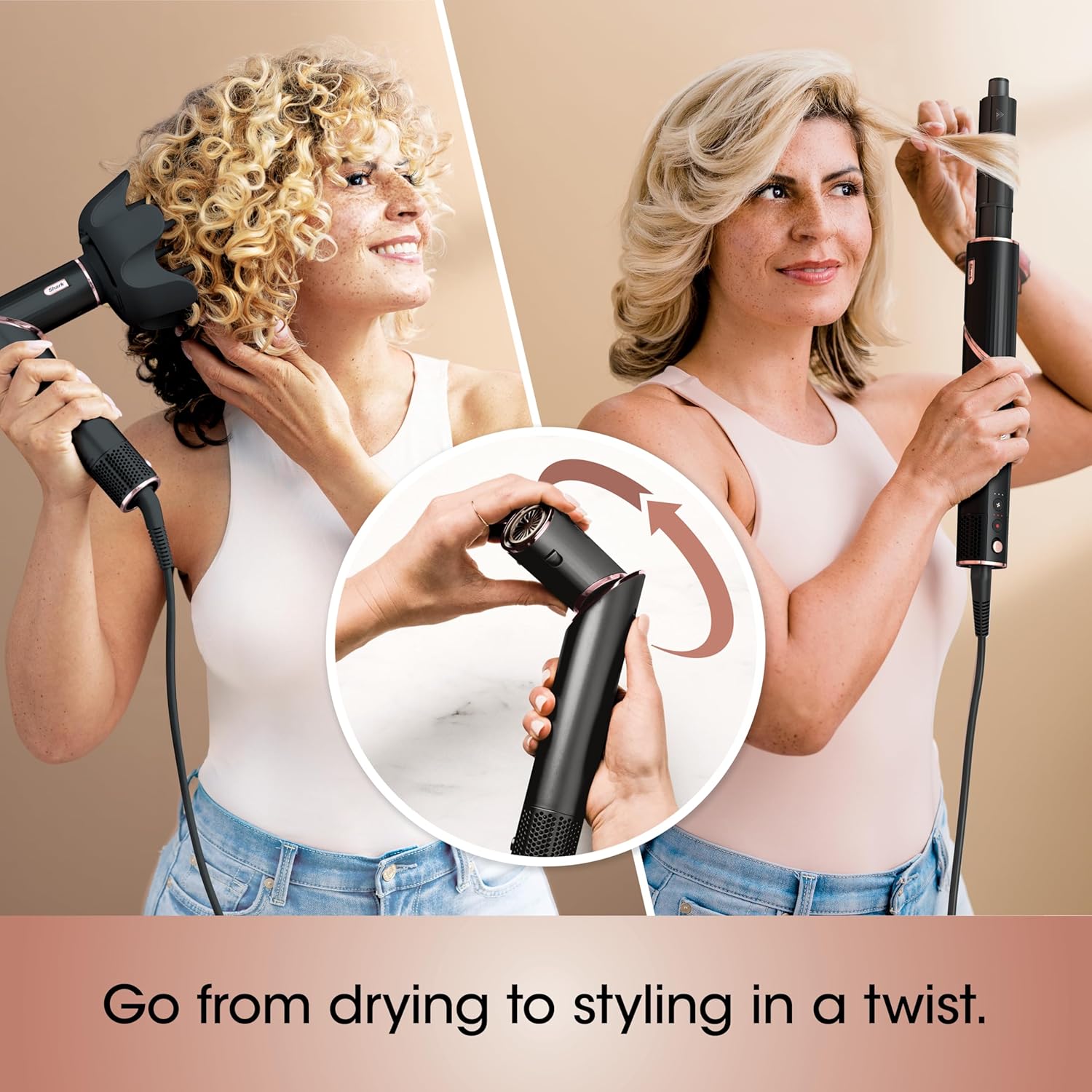 2026 2025 Système de coiffage et de séchage Shark HD430 FlexStyle, sèche-cheveux brosse puissant et multi-styler avec boucleurs Auto-Wrap, brosse plate, brosse ovale et embout concentrateur, coloris Stone