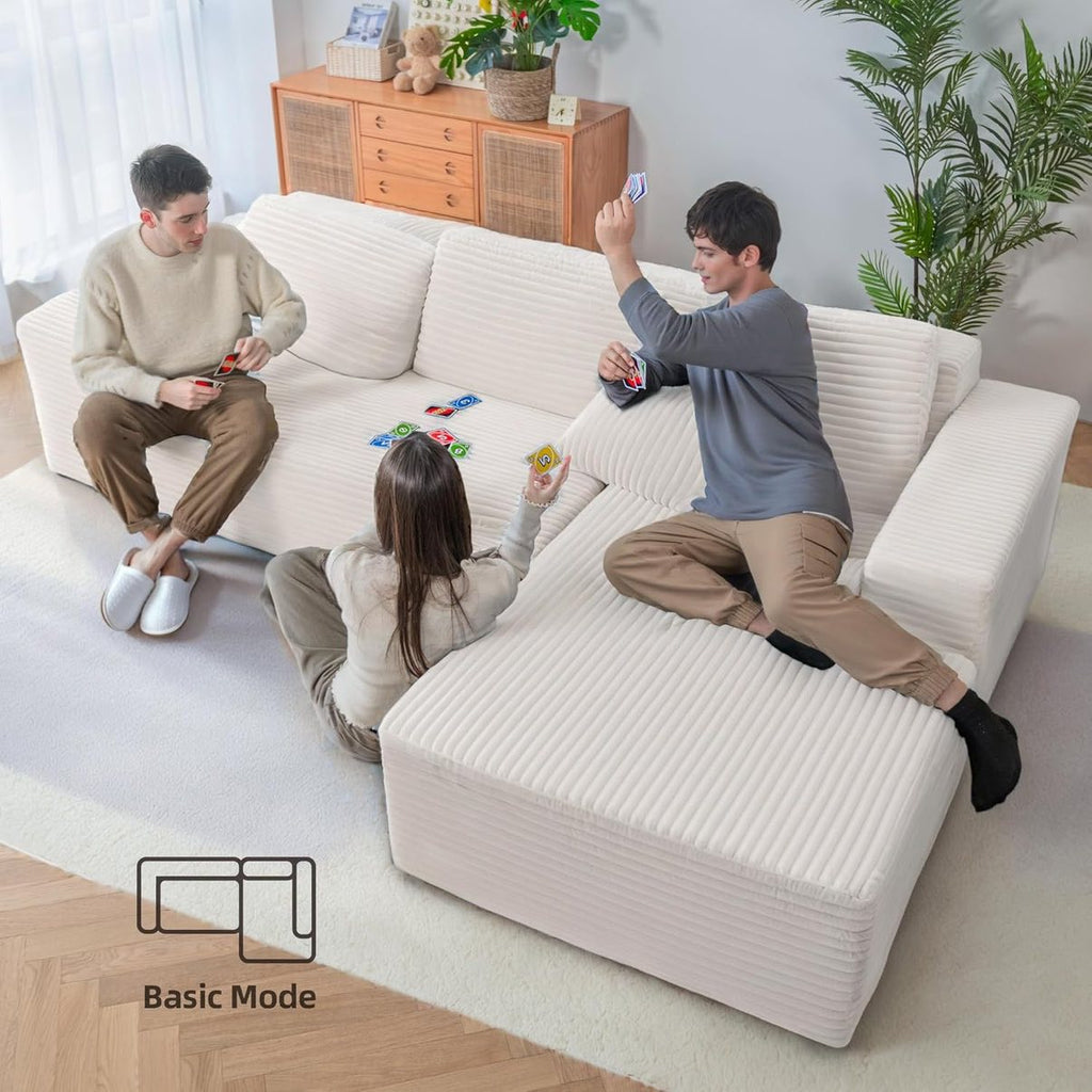 2026 Canapé d'angle 110" sans support, canapé d'angle Cloud Couch, canapé d'angle modulaire en velours côtelé en forme de L avec assise profonde, canapé rembourré pour salon, aucun assemblage requis