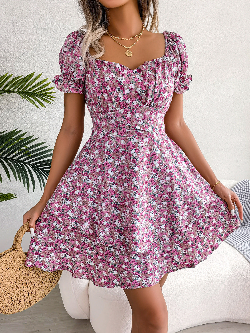 Robe fleuri mini taille haute évasé été décontracté pour femme