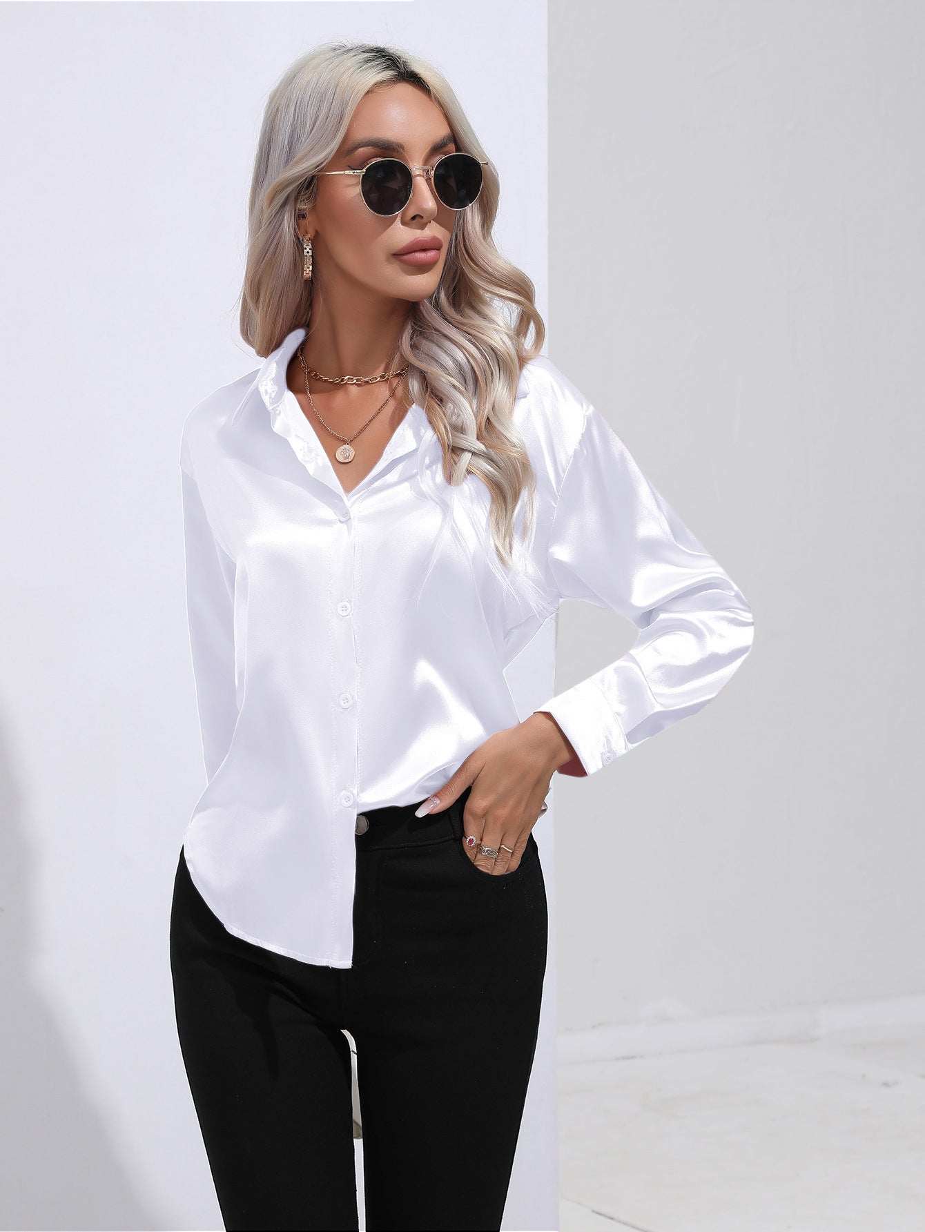 Women's Premium Satin Solid Color Button Front Lapel Blouse Shirt - LAKD London