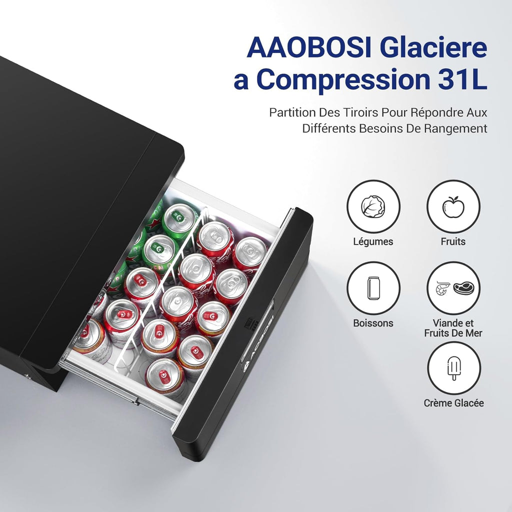 2026 AAOBOSI 31L Tiroir Glaciere Electrique, Glaciere a Compression avec APP, Glaciere Caravane 12V/24V, -20℃ à 20℃ Glacière Électrique pour Voiture, Camion, Bateau, Camping-Car