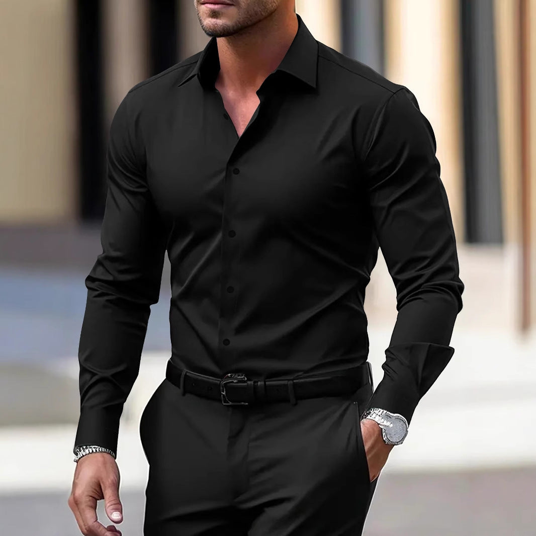 Men's LAKD solid color button-down long sleeve summer lapel shirt, casual men's top with a classic collar and smooth fabric.