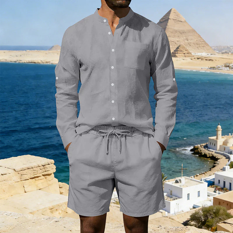 2026 Men's Casual Linen Shirt and Shorts Summer Two Piece Set