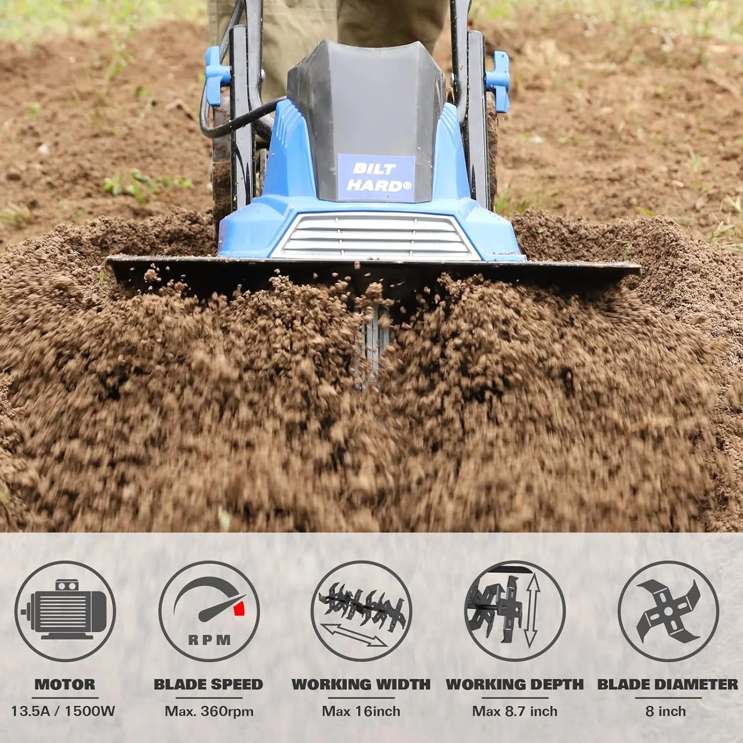 2026 Motoculteur électrique BILT HARD 16 pouces, 13,5 A, 6 dents en acier, avec roues réglables