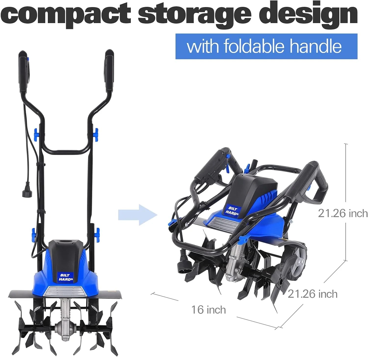 2026 Motoculteur électrique BILT HARD 16 pouces, 13,5 A, 6 dents en acier, avec roues réglables