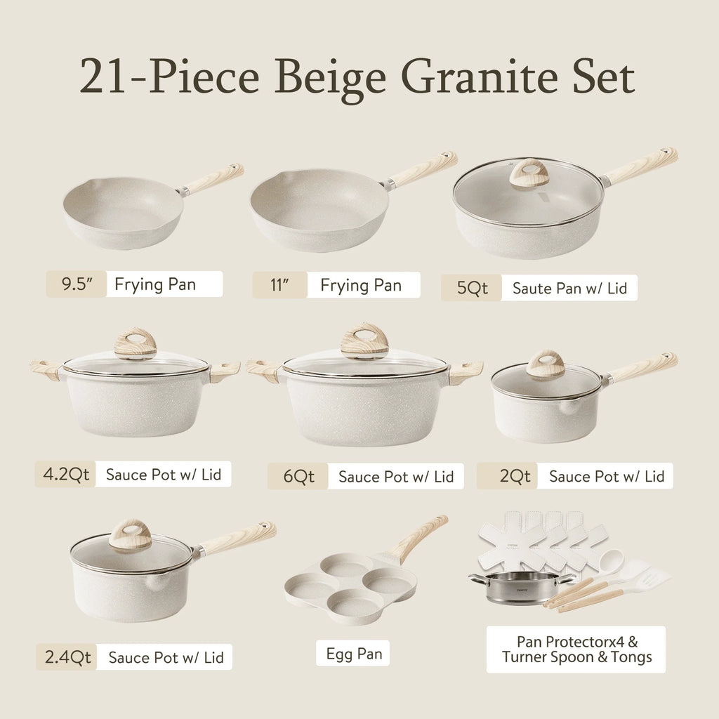 2026 Carote Antihaft-Topf- und Pfannen-Set, 21-teilig, Induktions-Kochgeschirr-Sets (Beige Granit)