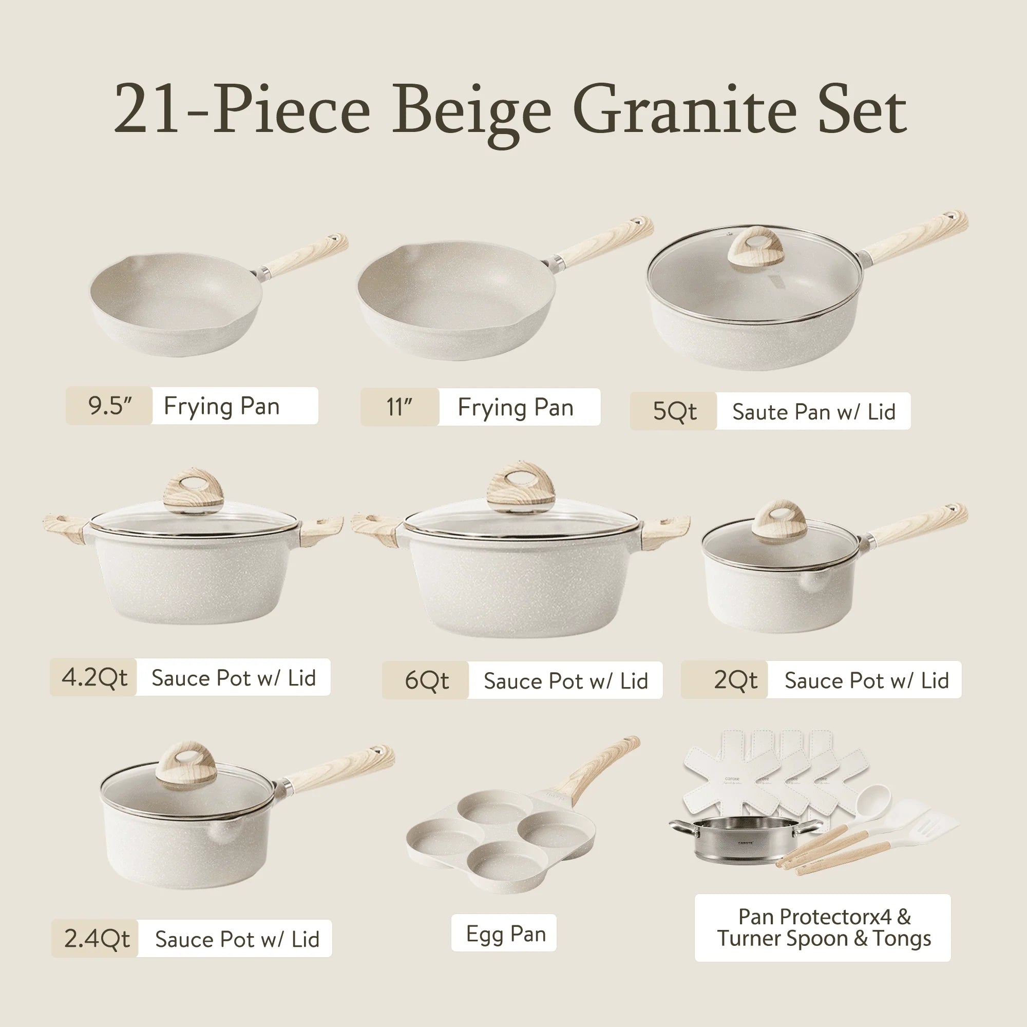 2026 Carote Antihaft-Topf- und Pfannen-Set, 21-teilig, Induktions-Kochgeschirr-Sets (Beige Granit)