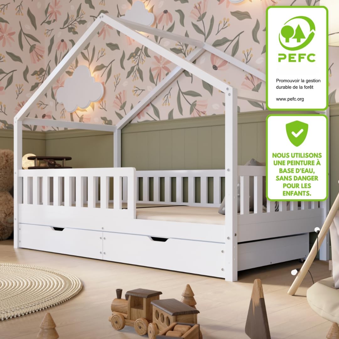 2026 Lit cabane Crazy Pine Crazy House avec tiroirs 190 x 90 cm &ndash; Lit enfant en bois naturel avec barri&egrave;re &ndash; Lit Montessori au sol avec rangement suppl&eacute;mentaire et barri&egrave;re amovible