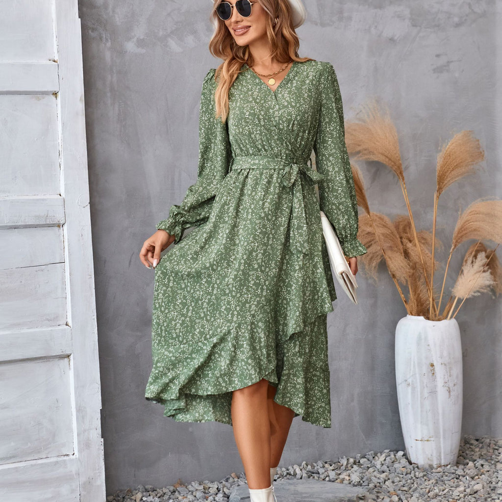Robe fleuri imprimé manches longues à volants midi ville élégant pour femme