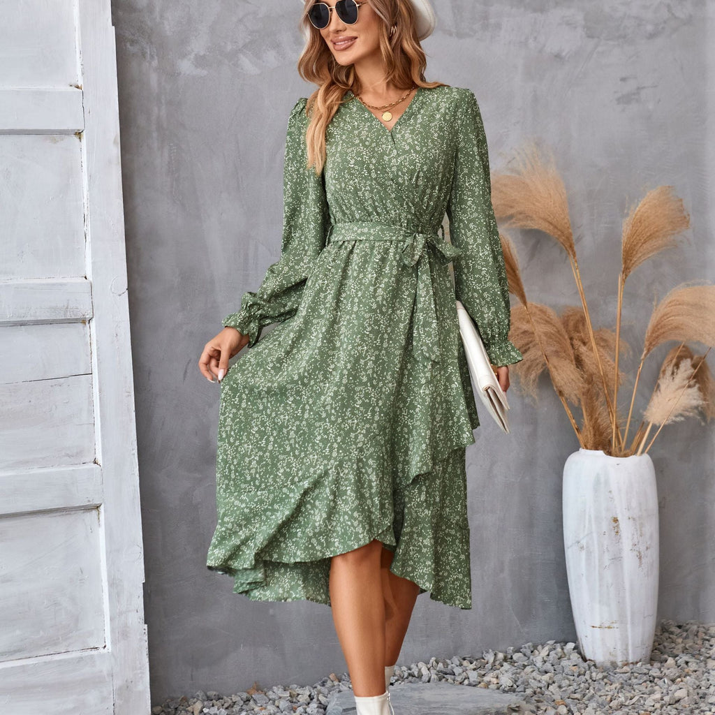 Robe fleuri imprimé manches longues à volants midi ville élégant pour femme